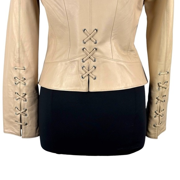 VINTAGE Y2K VID COLLECTION LEATHER LACE UP CORSET STYLE CREAM ZIP UP JACKET - Picture 10 of 15